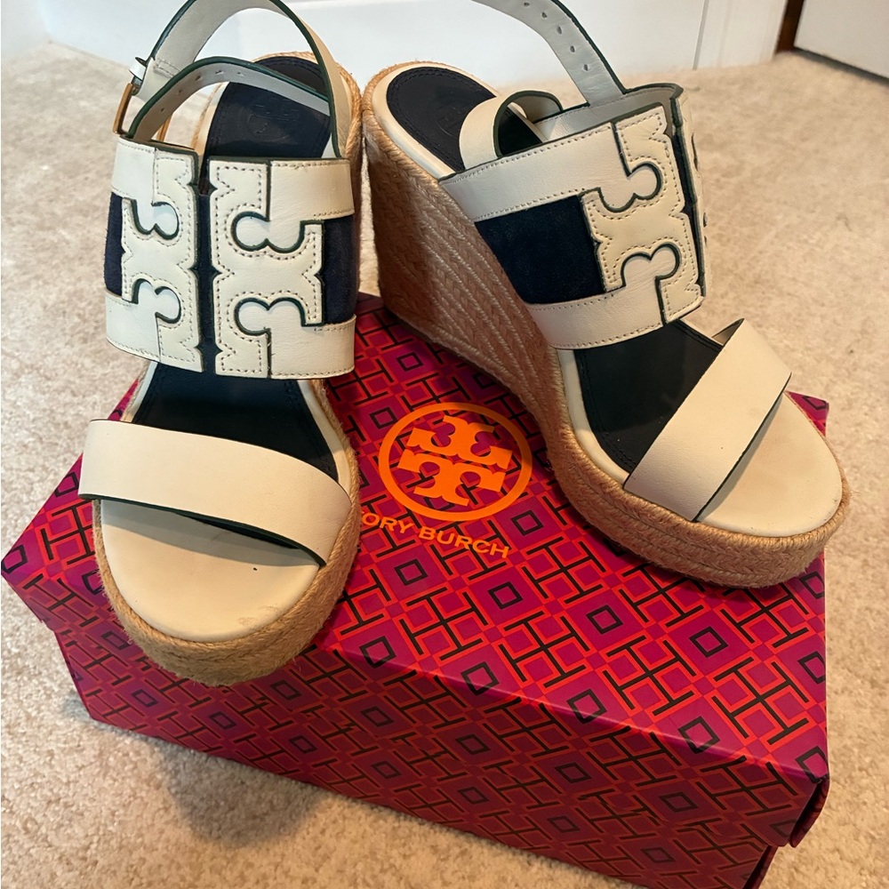 Tory Burch Cream and Navy Wedges